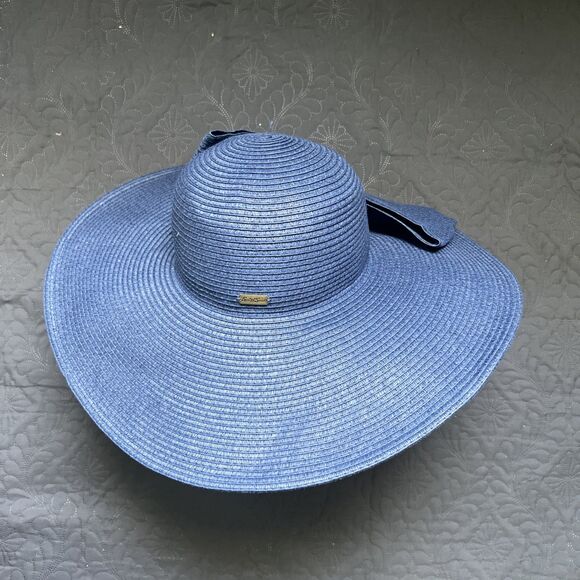 Sun N Sand Wide Brim Large Straw Floppy Navy Blue Beach Hat w/Bow Resort 18” Dia - Picture 1 of 9